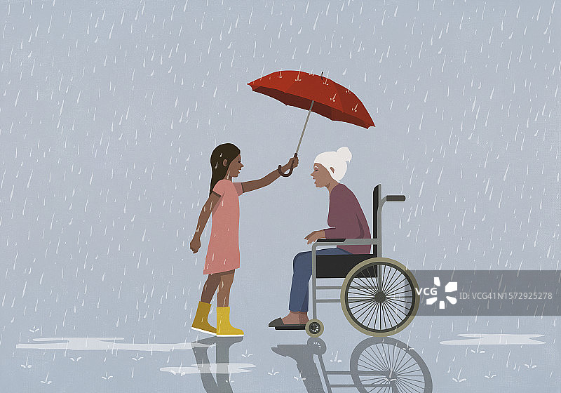 女孩为轮椅上的老年妇女撑伞，为她遮风挡雨图片素材