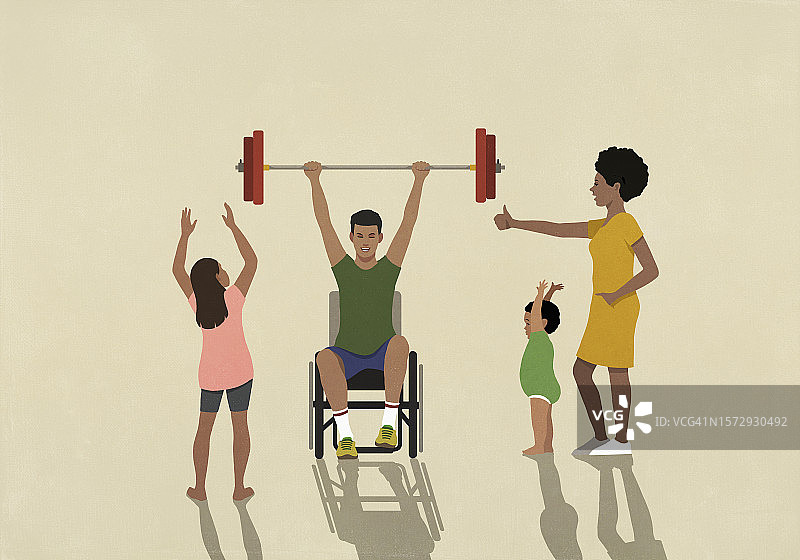 家人为轮椅上的父亲举重欢呼图片素材