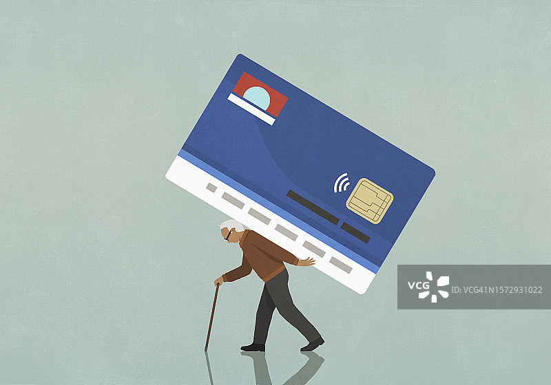 背负着大信用卡负担，拄着拐杖行走的年长男人图片素材
