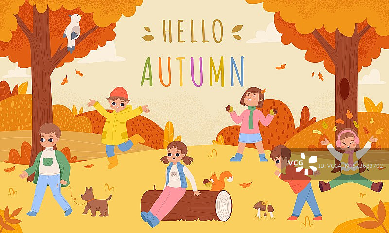 秋日森林里的孩子：公园里捡落叶的女孩图片素材