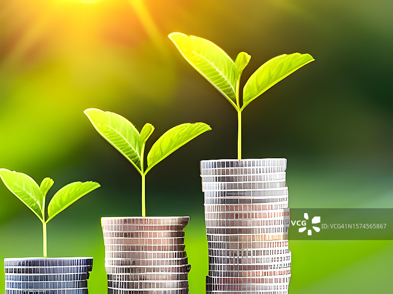 硬币堆上生长的幼苗图片素材