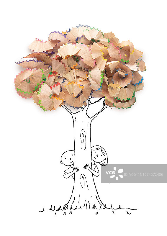 两个孩子从树后偷看的概念插画图片素材