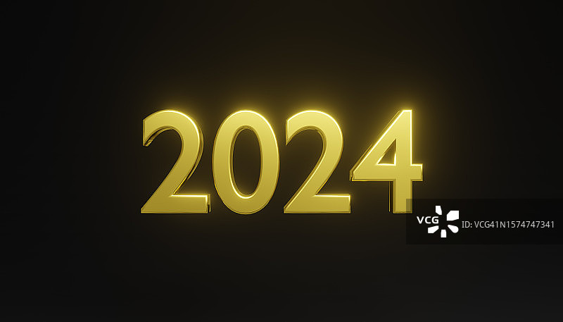 黑色背景前的2024金色数字渲染图图片素材