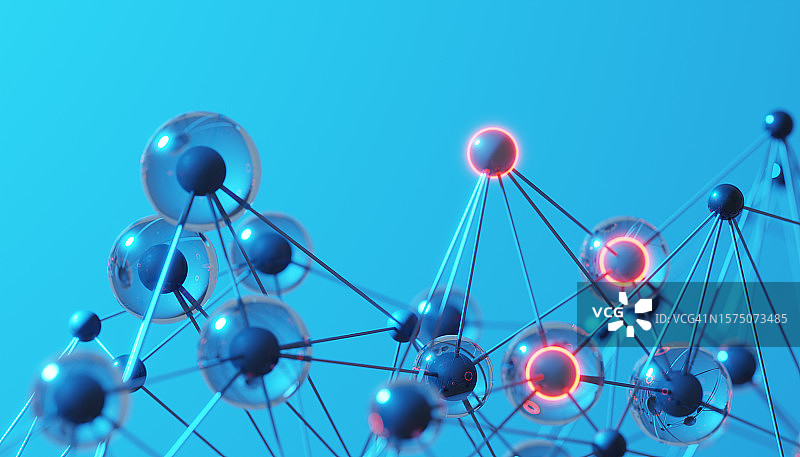 蓝色纳米技术球体相互连接，具有光效的3D渲染图像，正面视图图片素材