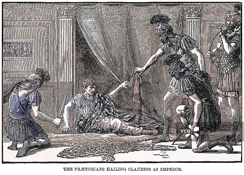 禁卫军拥立克劳狄乌斯为皇帝的老式雕刻插图图片素材