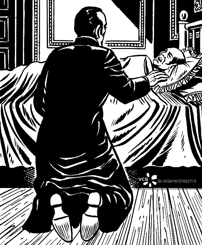 男子跪在床边图片素材