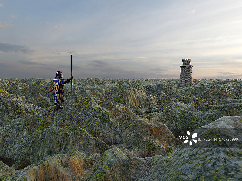 荒凉地形中的中世纪骑士与塔楼图片素材