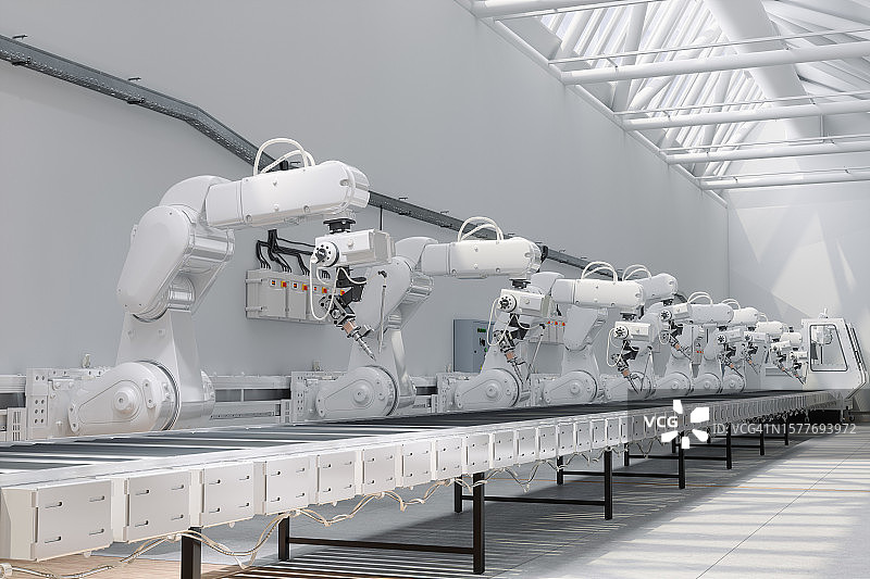 导轨上的工业机器人机械臂特写图片素材