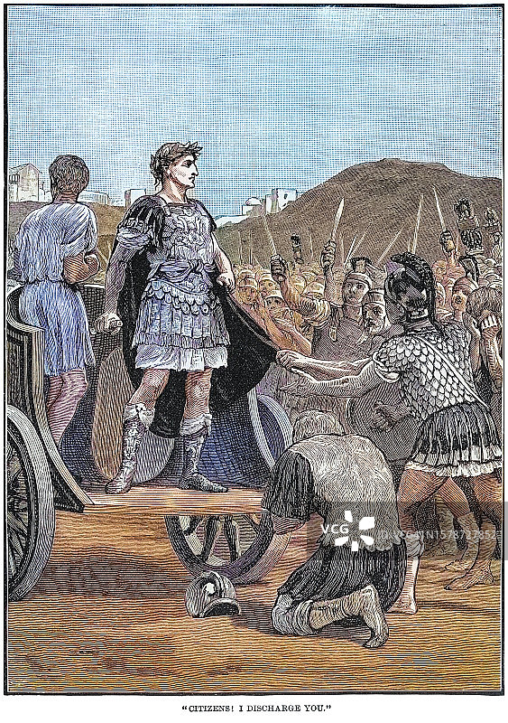 尤利乌斯·凯撒释放士兵的古老雕刻插图图片素材