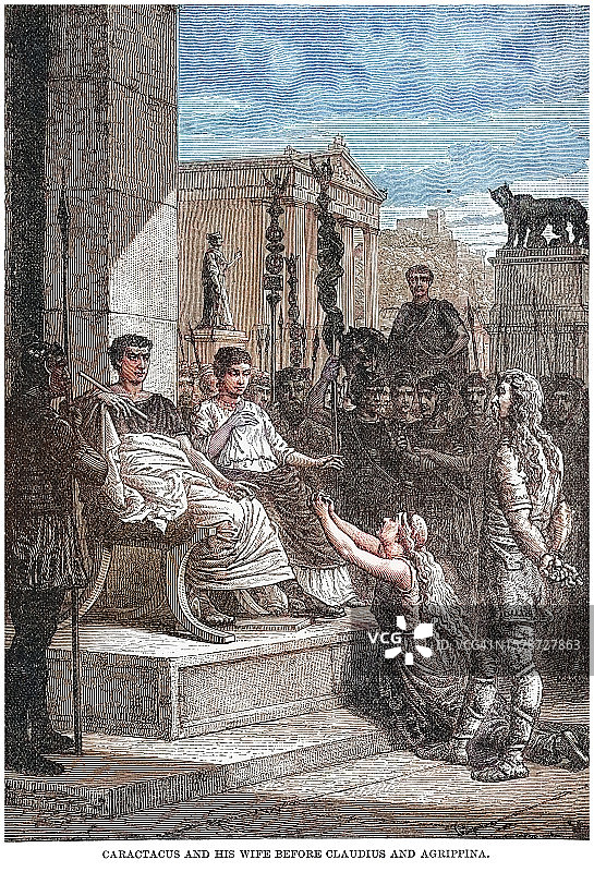 卡拉塔克斯（公元1世纪英国卡图维劳尼部落首领）及其妻子在克劳狄乌斯和阿格里皮娜皇帝面前的古老雕刻插图图片素材