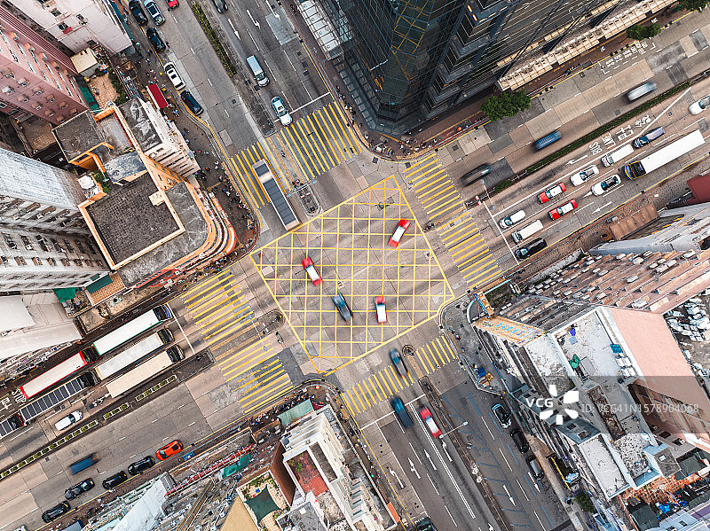 香港城市十字路口和行人过马路的航拍图片素材