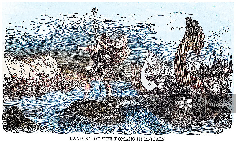 罗马人在英国登陆的古老雕刻插图——罗马征服英国图片素材