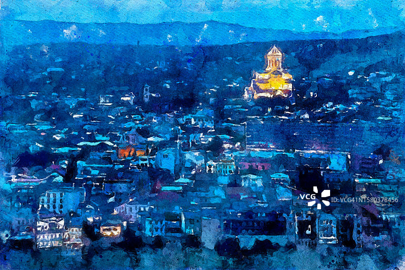 迷人的夜景：格鲁吉亚第比利斯圣三一主教座堂水彩画图片素材