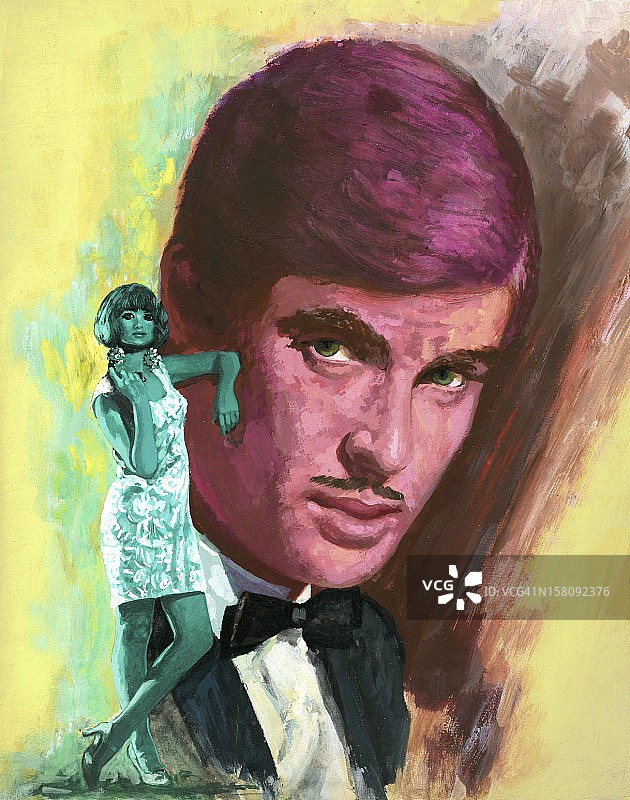 拿着胡子男画像的小个子女人图片素材