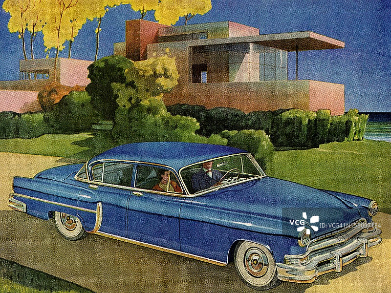 房屋前的蓝色老爷车图片素材