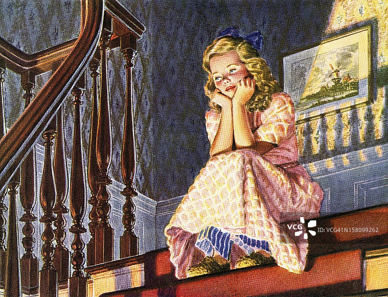 女孩坐在楼梯顶端图片素材