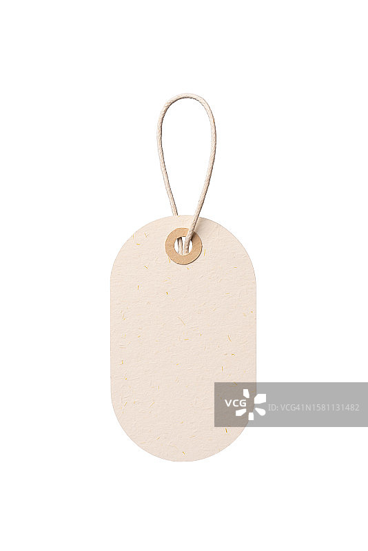 米色椭圆形纸质价格标签（带绳），白色背景图片素材