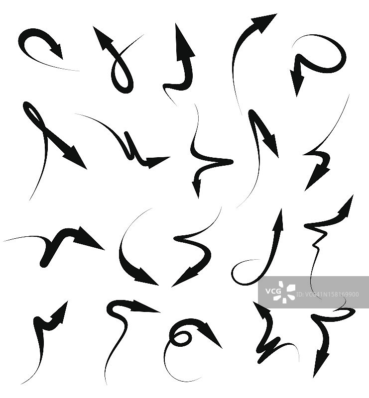 二十个不同形状的黑色箭头图标图片素材