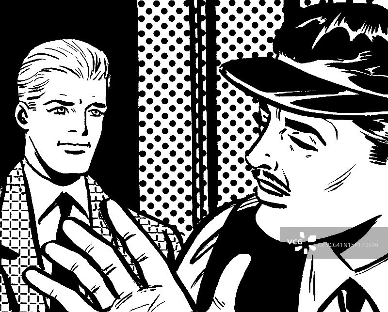 戴着遮阳帽向另一个男人做手势的男人图片素材