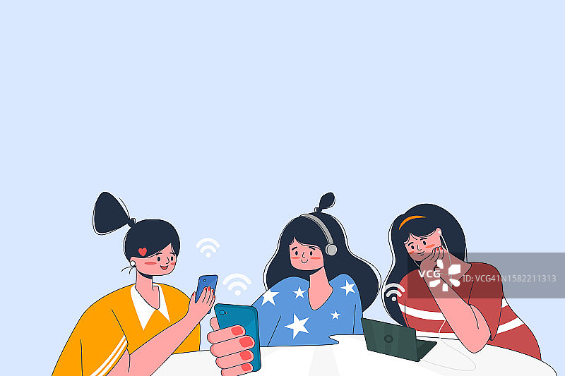 使用科技的交流沟通概念插画：女性使用智能手机和笔记本电脑与朋友交流和工作图片素材