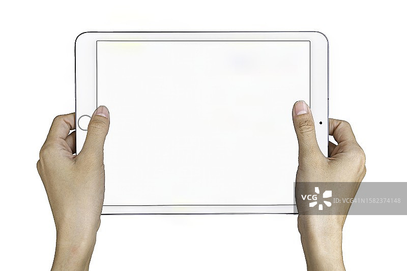 手持白色平板电脑，隔离在白色背景上图片素材