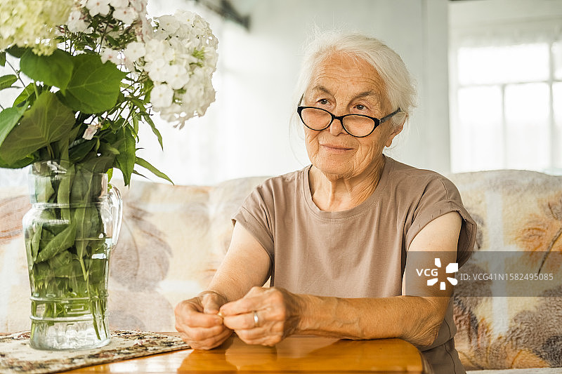 客厅里戴眼镜的年长灰发妇女肖像：幸福祥和的退休生活图片素材