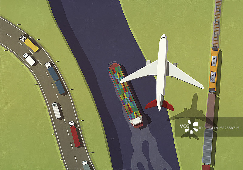 飞机飞越商业半挂卡车、火车和集装箱船图片素材