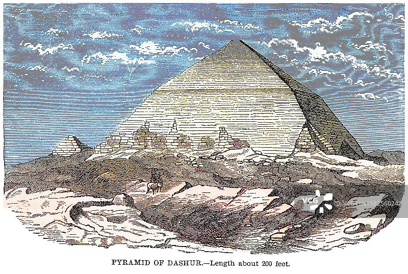 古埃及建筑旧版画插图，位于代赫舒尔皇家墓地的弯曲金字塔图片素材