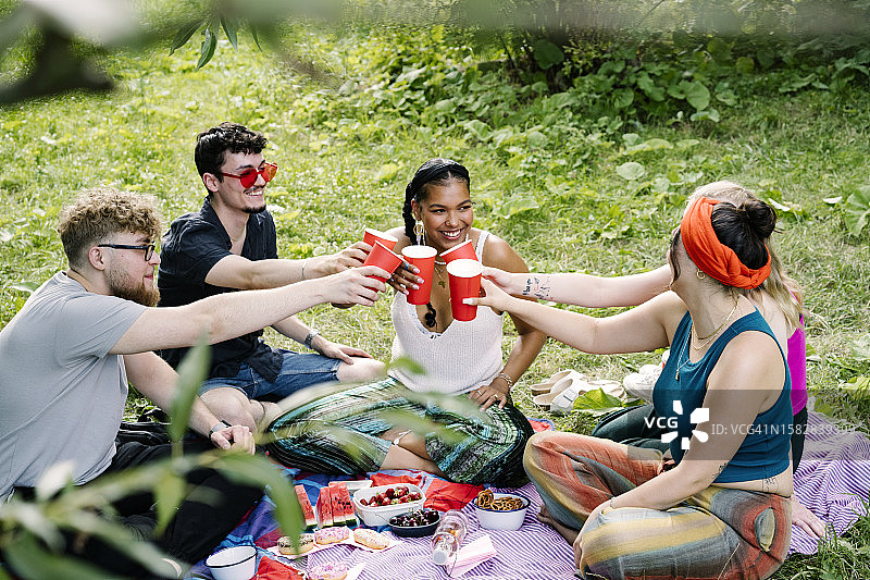 一群年轻人在草地上野餐，举杯庆祝图片素材
