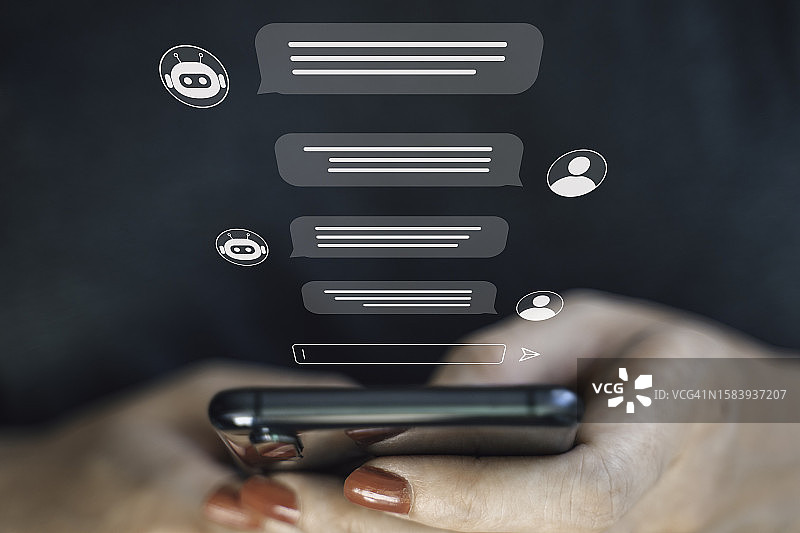 在电脑或移动应用中使用AI聊天机器人。聊天机器人对话，人工智能技术。OpenAI生成。未来科技。互联网虚拟助手。图片素材