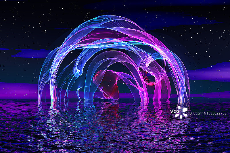 夜晚复古未来水面倒影上的霓虹透明光。抽象蓝紫色水面。海军蓝海洋日出。数字平静空间元宇宙。极简主义背景图片素材