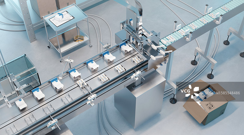 制药厂自动化包装线传送带高角度视图图片素材