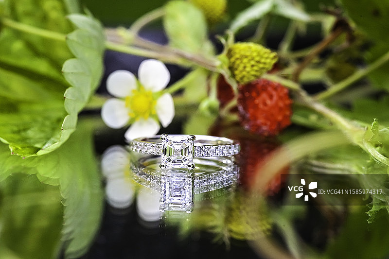 钻石戒指和草莓苗图片素材