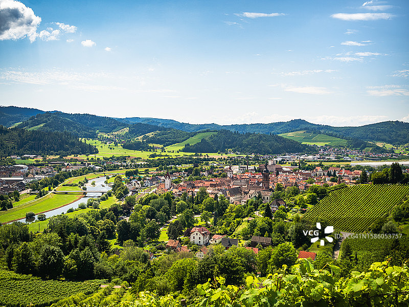 德国巴登-符腾堡州根根巴赫中世纪古镇及葡萄园航拍图片素材