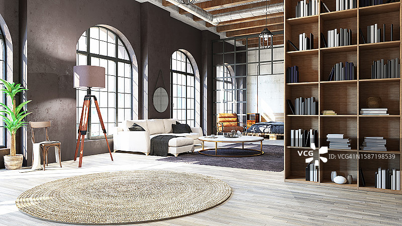 带图书馆的工业风阁楼起居室和卧室图片素材