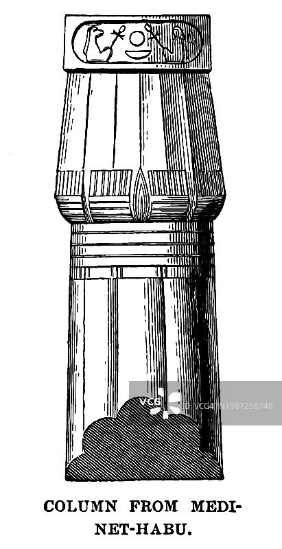 古埃及建筑的古老雕刻插图：哈布城柱图片素材