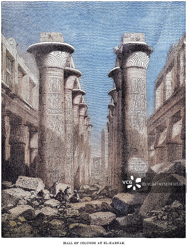 古老的版画插图：卡纳克神庙的柱子，古埃及建筑图片素材