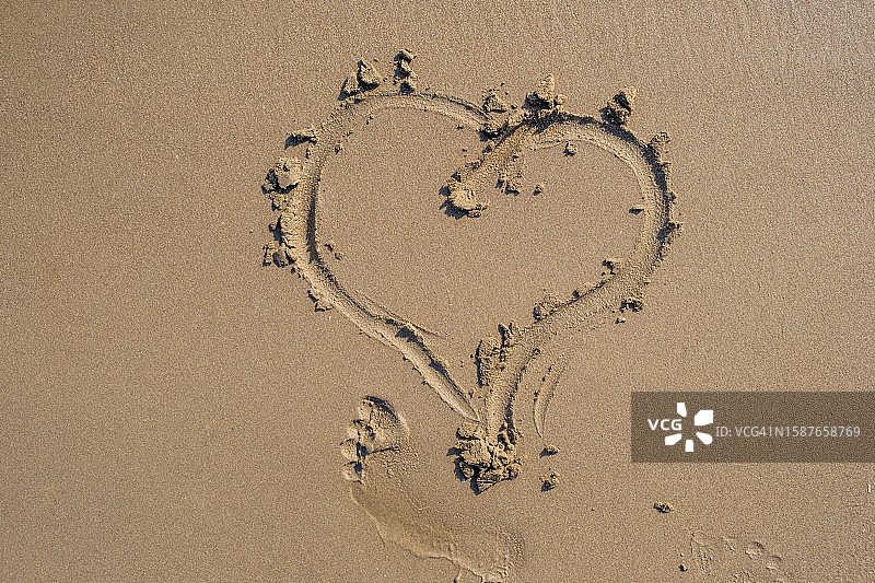 海滩上的心形图案（高角度拍摄）图片素材