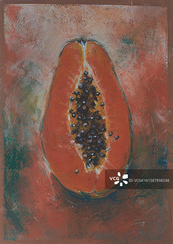 灰色背景下的热带木瓜油画棒风格图片素材