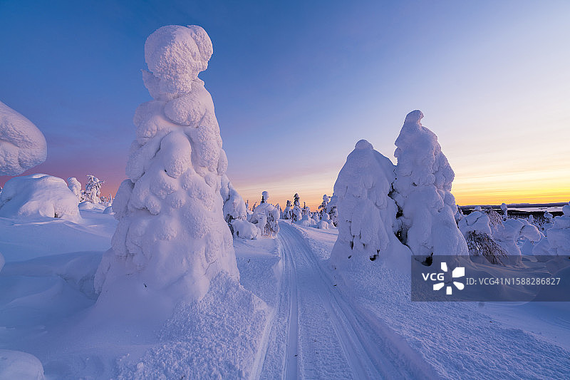 芬兰拉普兰冬季雪地摩托车道图片素材