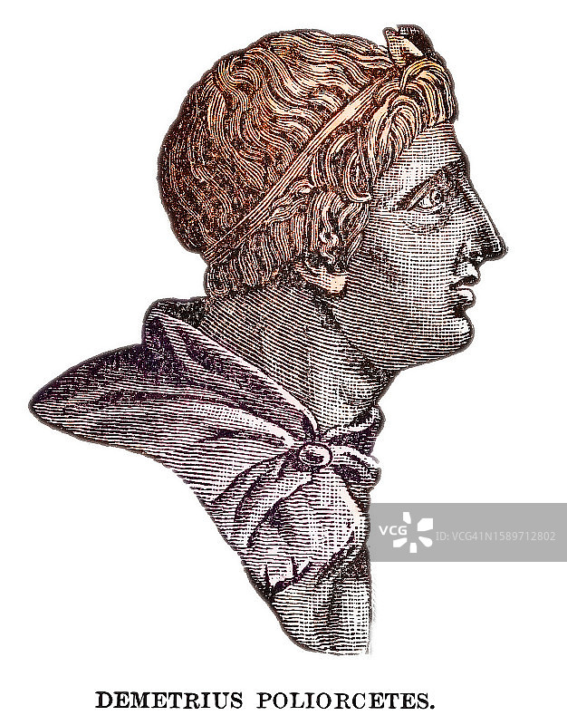德米特里一世或波利奥尔塞特斯（公元前337-283年）的古老雕刻插图，马其顿贵族、军事领袖和马其顿国王（公元前294-288年）图片素材