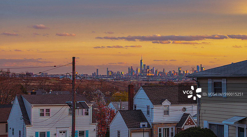 日落时分新泽西州的建筑高角度景观，美国图片素材