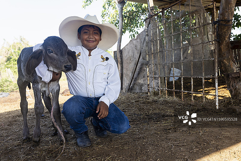 男孩拥抱小牛犊图片素材