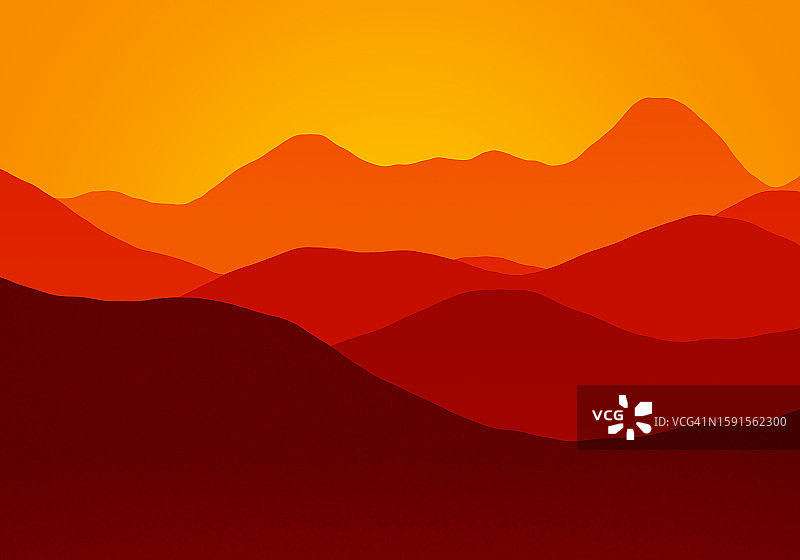 具有日落和秋季橙色的几何波浪山脉的抽象现代景观艺术背景数字插画图片素材