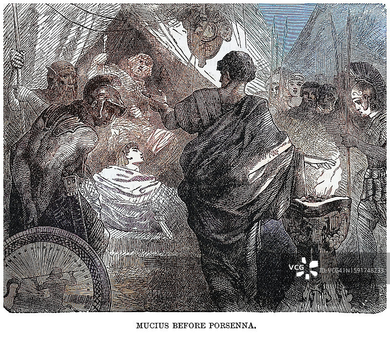 盖乌斯·穆cius·科杜斯，斯凯沃拉（一位古罗马青年，可能是神话人物，以其勇敢而闻名）在波塞纳隐士庐舍前的古老雕刻插图图片素材