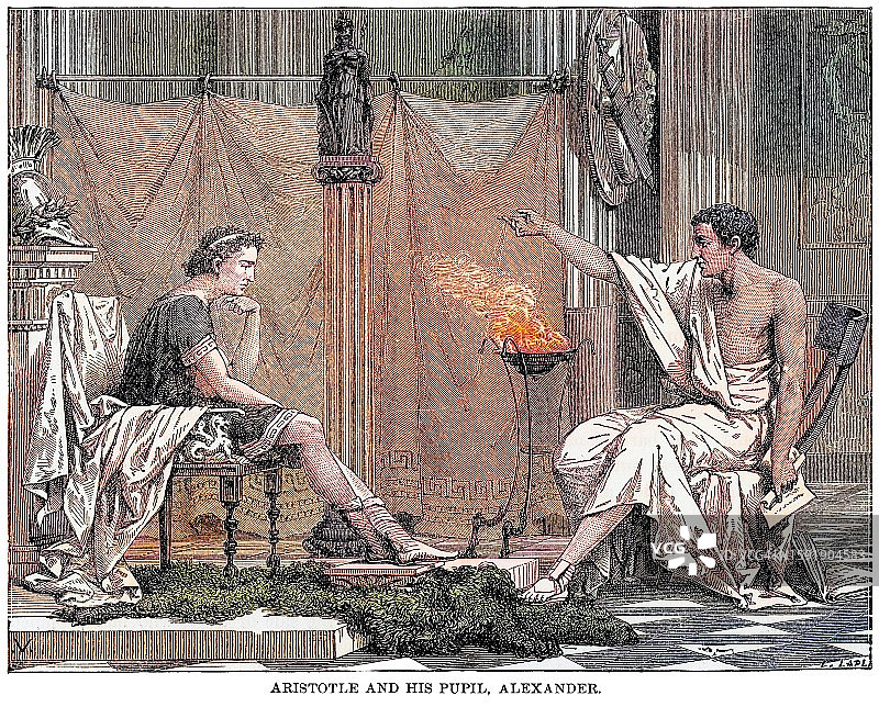亚里士多德（希腊哲学家和博学家）教授亚历山大大帝的古老雕刻插图图片素材