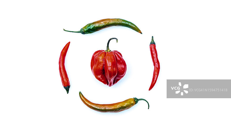 苏格兰帽辣椒库存照片，白色背景上点缀着绿色、红色和橙色小辣椒图片素材