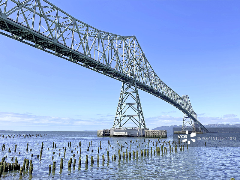 仰望俄勒冈州和华盛顿州之间的阿斯托利亚-梅格勒大桥图片素材