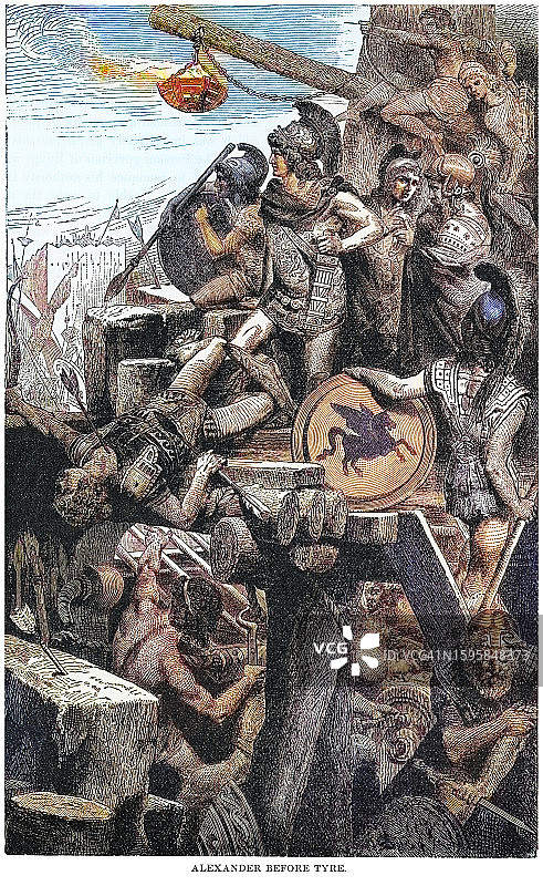 亚历山大大帝在公元前332年围攻泰尔的古老雕刻插图图片素材
