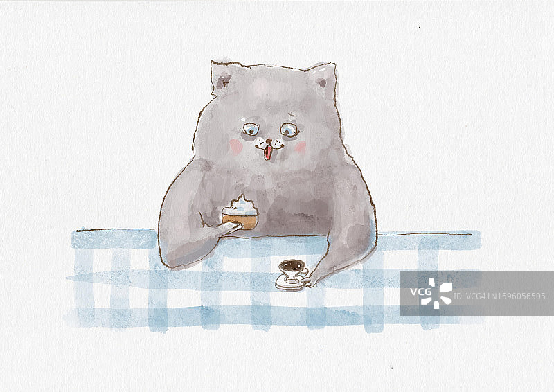 灰色胖猫吃小蛋糕，配咖啡水彩数字插画图片素材